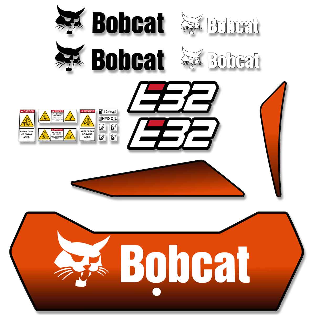 Set of Bobcat decals and labels on a white background