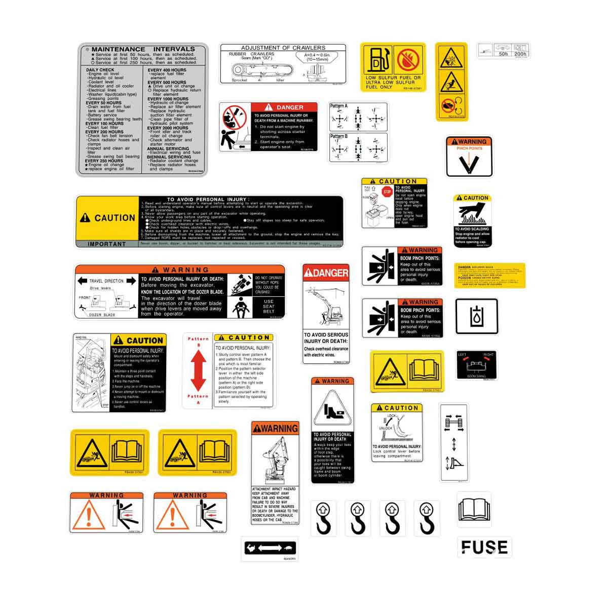 Mini Excavator Safety Decal Kit - Kubota Style