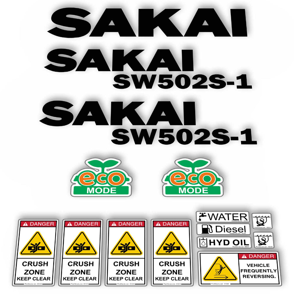 Set of Sakai SW502S-1 decals with eco mode and warning labels on a white background
